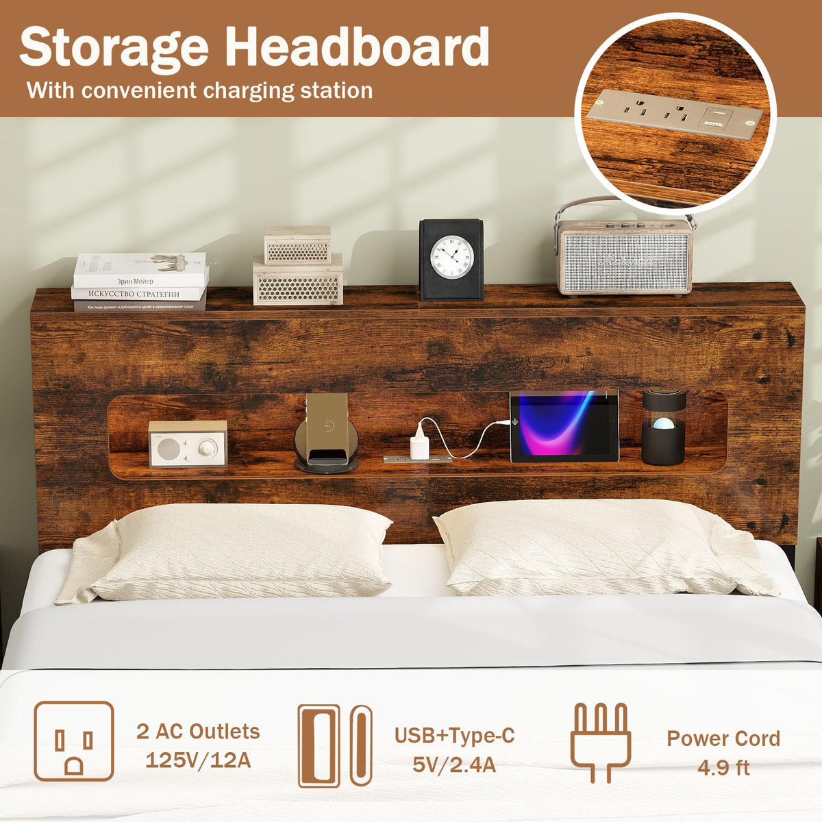 Goflame Full Size Bed Frame with LED Lights & Charging Station