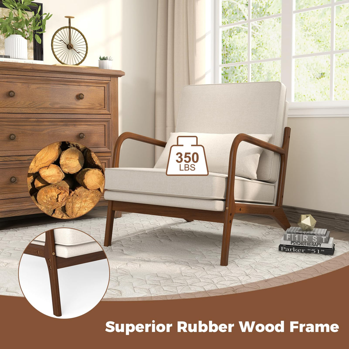 Goflame Mid Century Modern Accent Chair, Upholstered Armchair with Pillow, Rubber Wood Armrests & Legs
