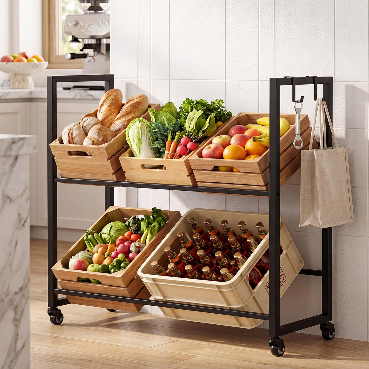 Goflame 2-Tier Drink Crate Rack with 4 Universal Wheels