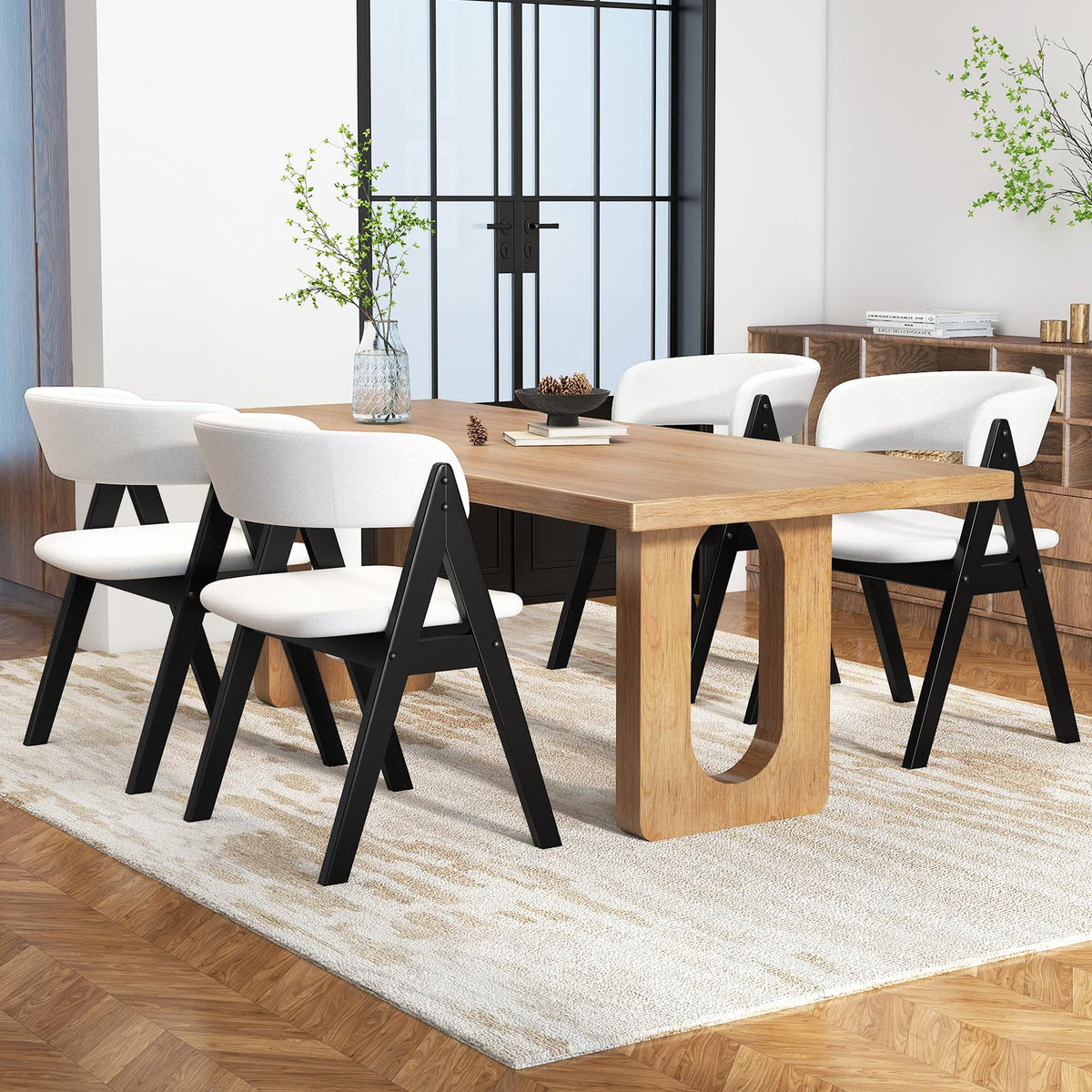 Goflame Wooden Dining Chairs Set of 2/4 Modern Sherpa Upholstered Kitchen Chair
