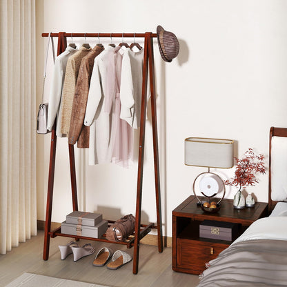 Goflame Folding Rubber Wood Clothes Hanging Rack Standing Garment Rack with Bottom Storage Shelf