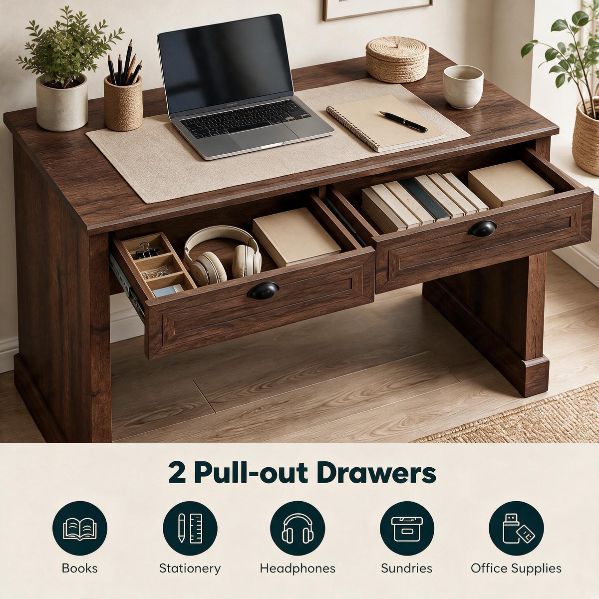 GOFLAME 48" Computer Desk with Drawers, Farmhouse Home Office Desks
