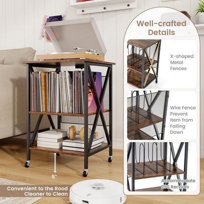 Goflame Record Player Stand with Charging Station, Turntable Stand with Record Storage & 4 Rolling Wheels
