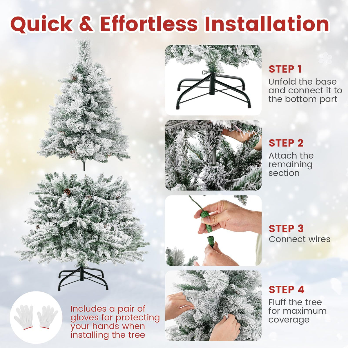 Goflame Pre-Lit Snow Flocked Christmas Tree, Artificial Hinged Xmas Tree with 160 Multi-Color LED Lights