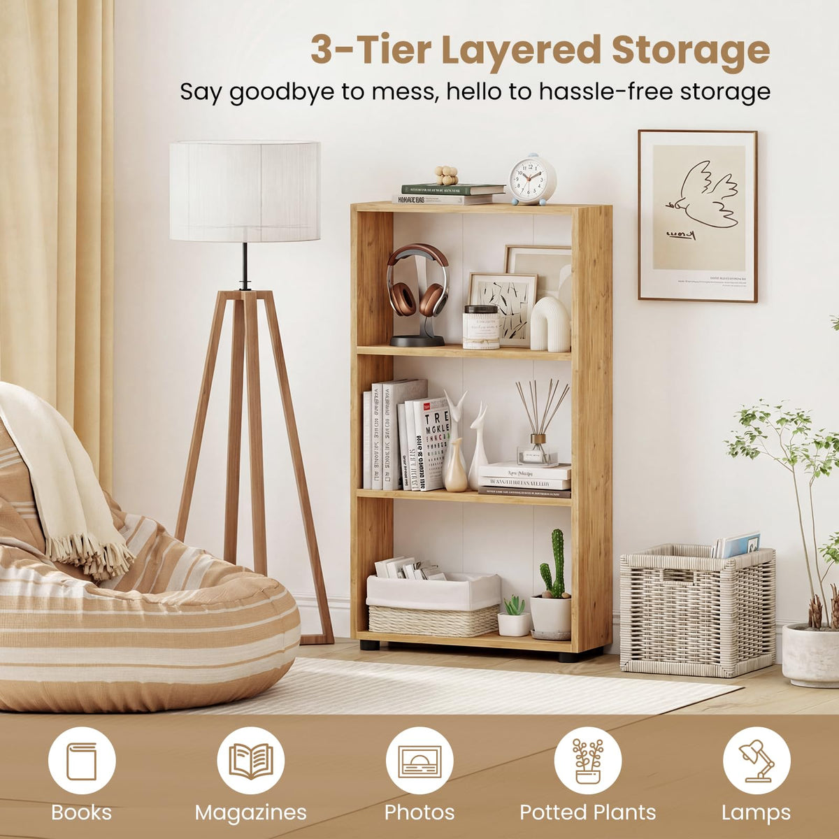 Goflame 3-Tier Bookcase with Anti-Tipping Kit for Living Room