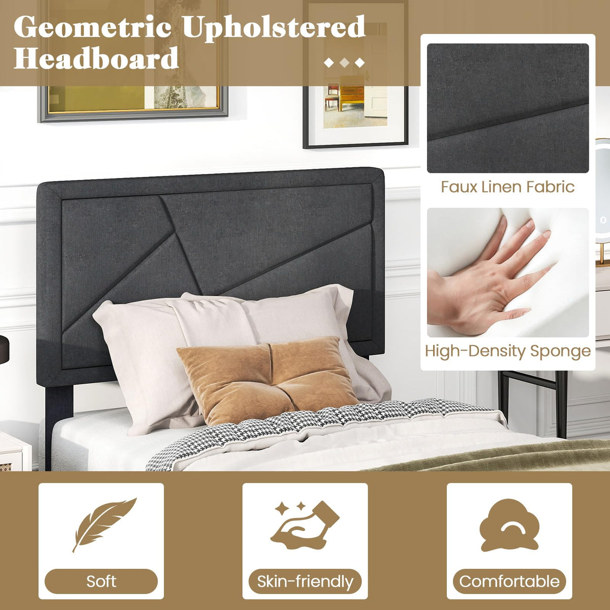 Modern Queen/Full/Twin Size Upholstered Platform Bed Frame with Geometric Tufting Headboard