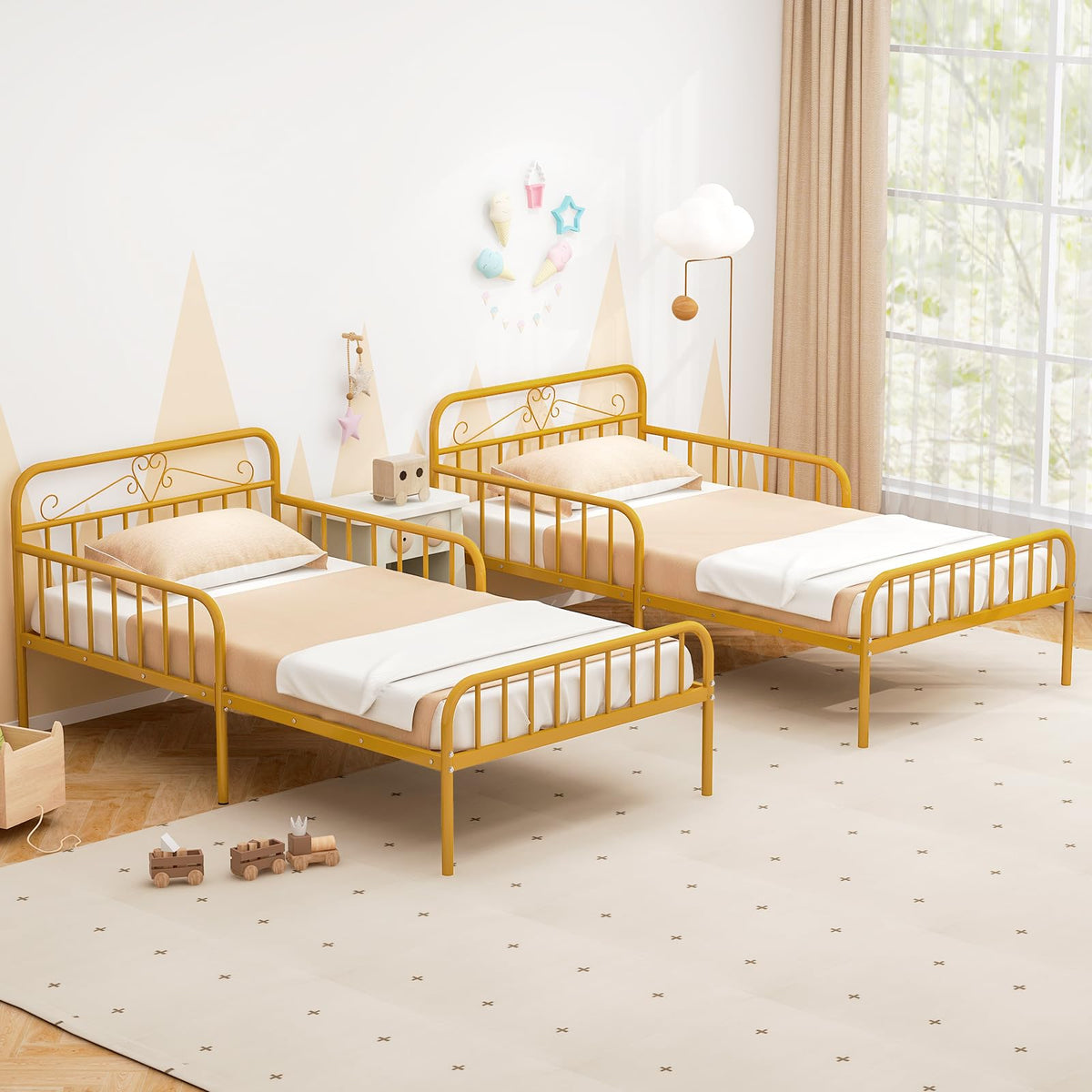 Goflame Metal Twin Bed Frames for Kids, Heavy Duty Metal Platform Bed Frame with Headboard & Safety Guardrails
