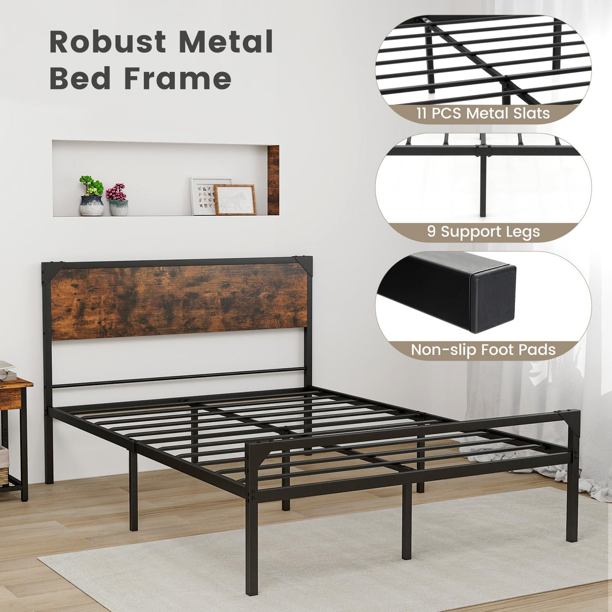 Goflame Full Size Bed Frame with Rustic Headboard & Footboard, Strong Metal Slat Support Mattress Foundation
