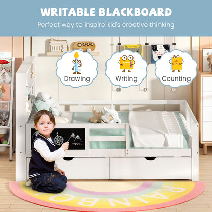 Goflame Full/Twin Size 2 Storage Drawers, Solid Wood Kids Bed Frame w/Bookcase Headboard & Blackboard