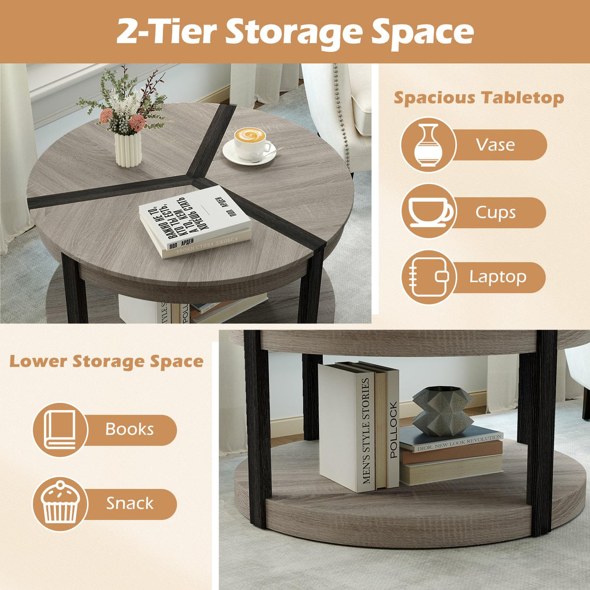 Goflame 2 Tier Round Coffee for Living Room Reception Room