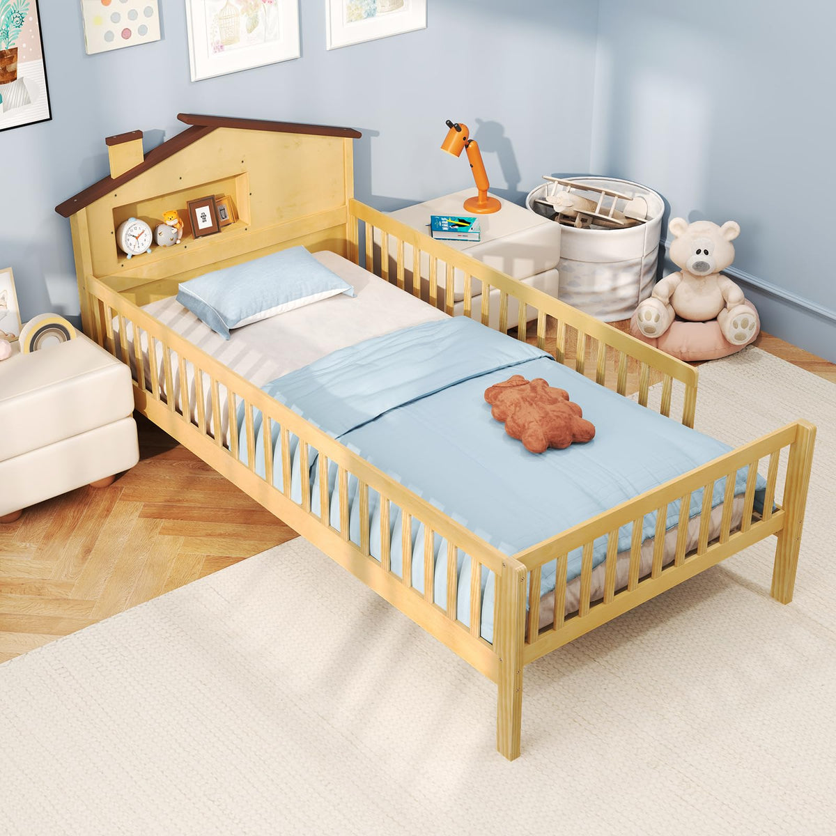 Goflame Twin Bed Frames for Kids, Solid Wood Montessori Bed with House-Shaped Headboard & Built-in Storage Shelf