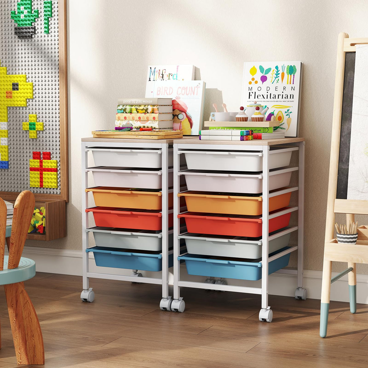 Goflame 6-Drawer Rolling Storage Cart with Wooden Tabletop