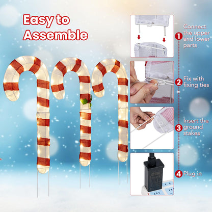 Goflame Lighted Candy Canes, Set of 3 Christmas Tinsel Candy Cane Decoration with 75 Warm White LED Lights