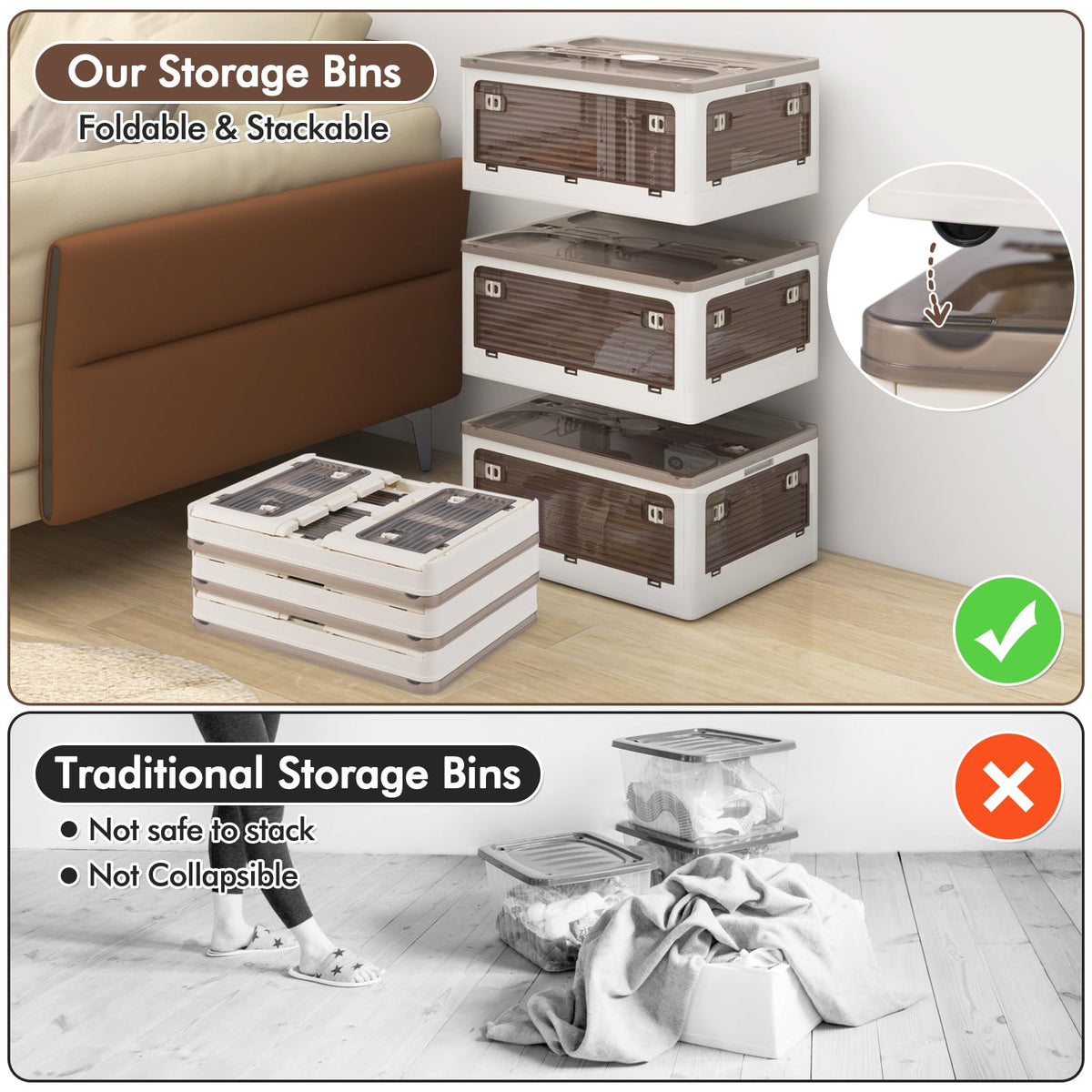 Goflame Storage Bins with Lids and Hidden Wheels, 3/6 Pack Stackable Collapsible Storage Boxes with 5 Opening Doors