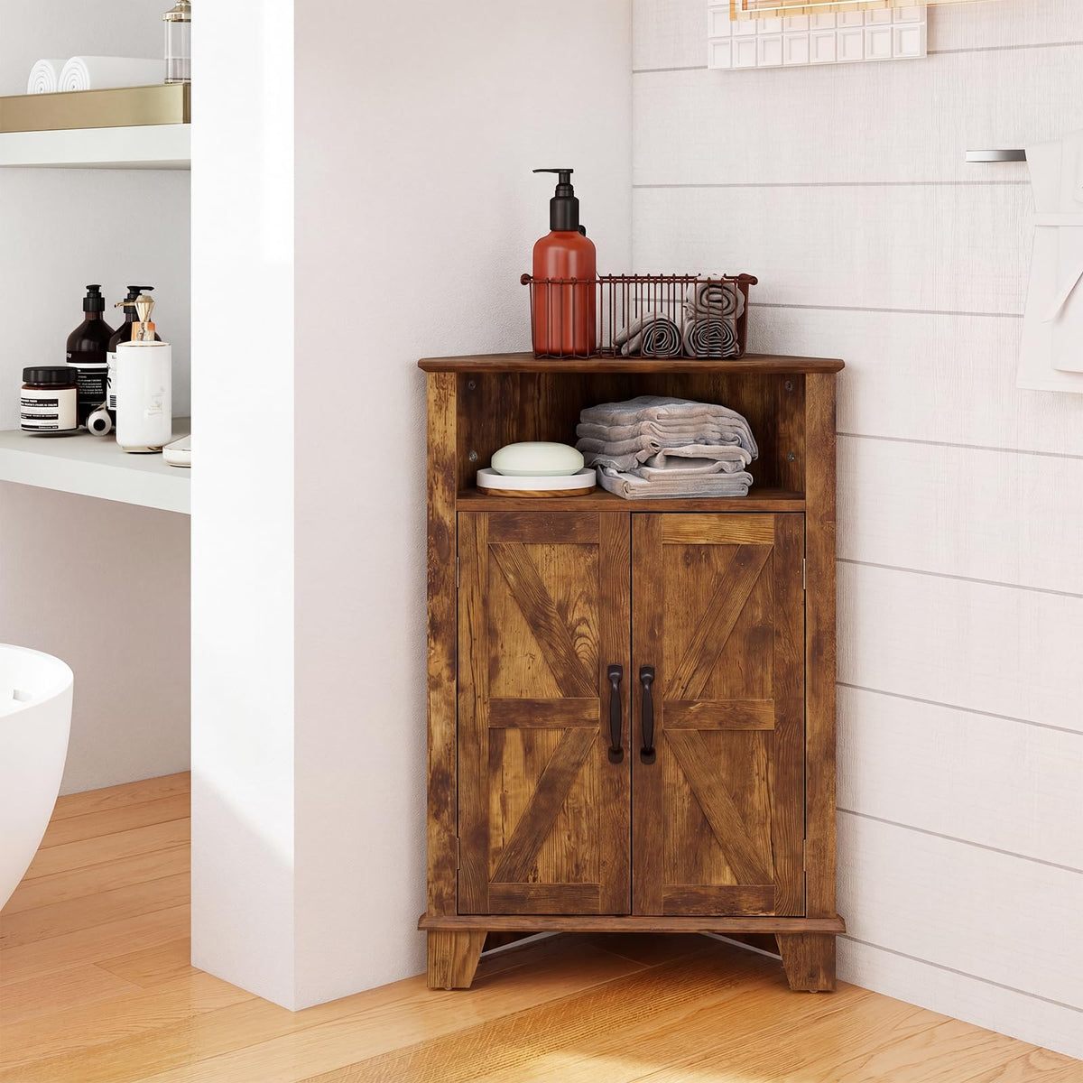 Goflame Bathroom Corner Storage Cabinet with Open Storage & Adjustable Shelf