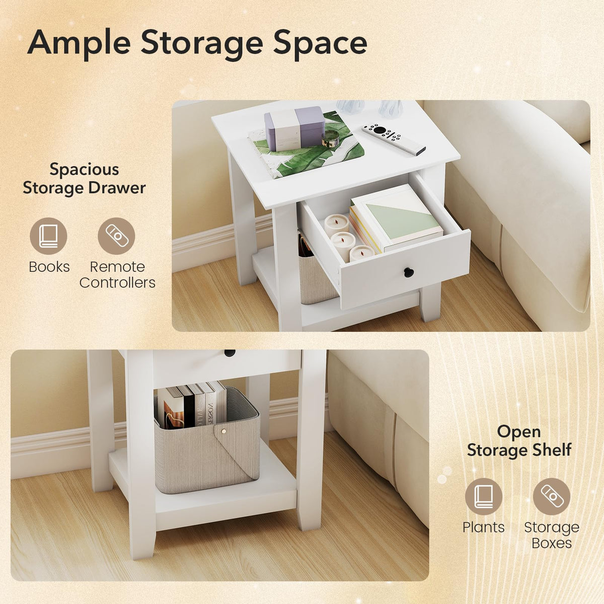 Goflame Nightstand with Drawer 2-Tier Modern Bedside Table with Open Shelf and Storage