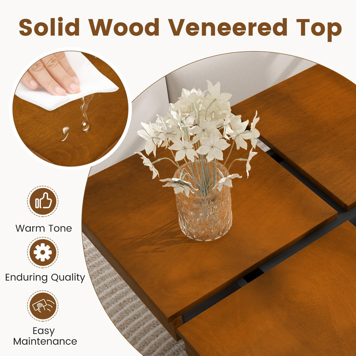 Goflame Square Coffee Table | 31.5 Inch Mid Century Modern Center Table with Solid Wood Veneered Split Top