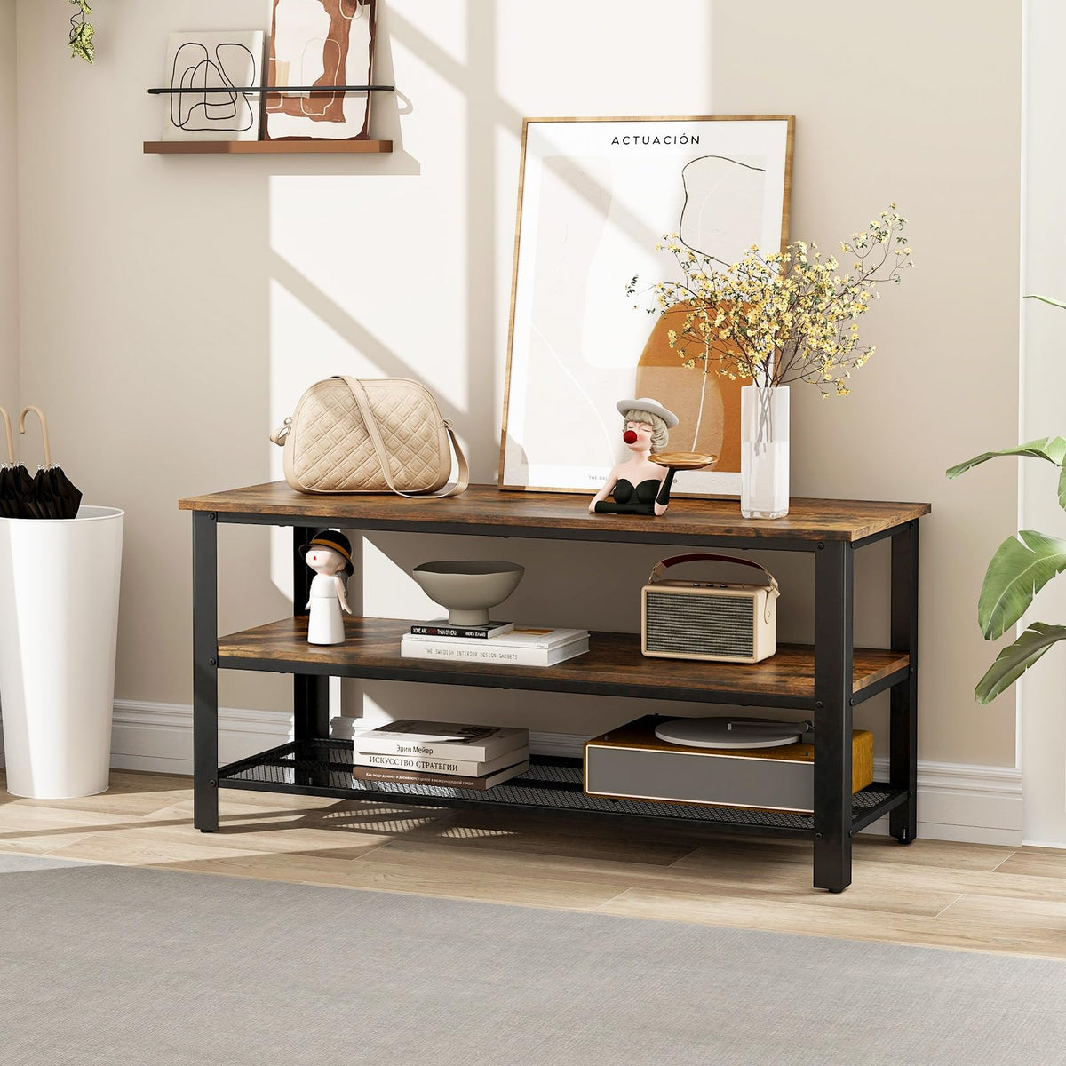 Goflame TV Stand for Bedroom and Living Room - 3-Tier Industrial Entertainment Center with Open Storage Shelves