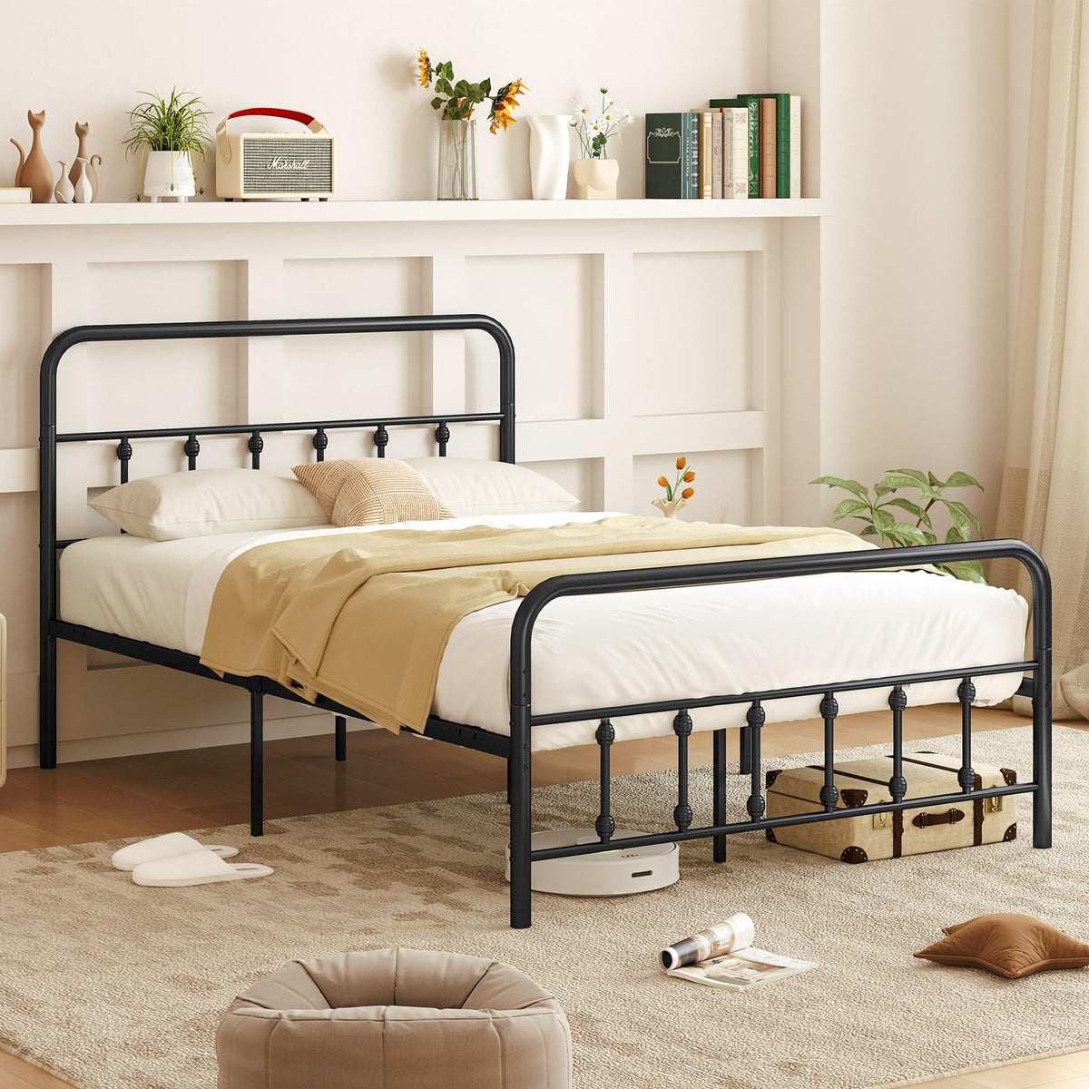 Goflame King/Queen/Full Size Metal Platform Bed Frame, Victorian Style Platform Bed with Headboard & Footboard