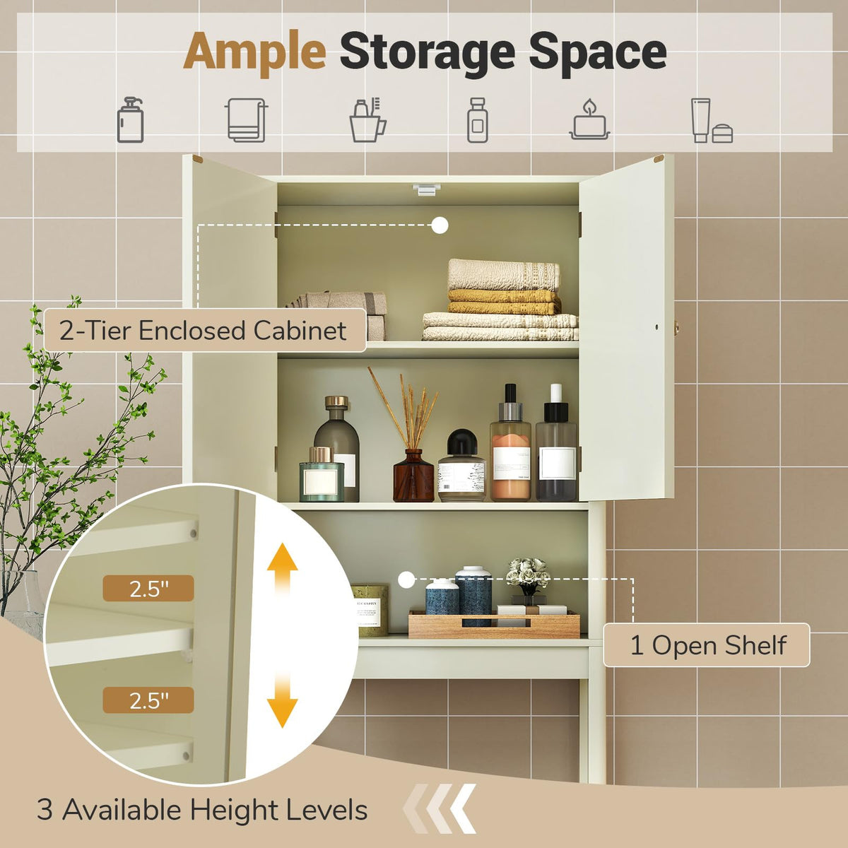 Goflame Over The Toilet Storage Cabinet with Fluted Doors