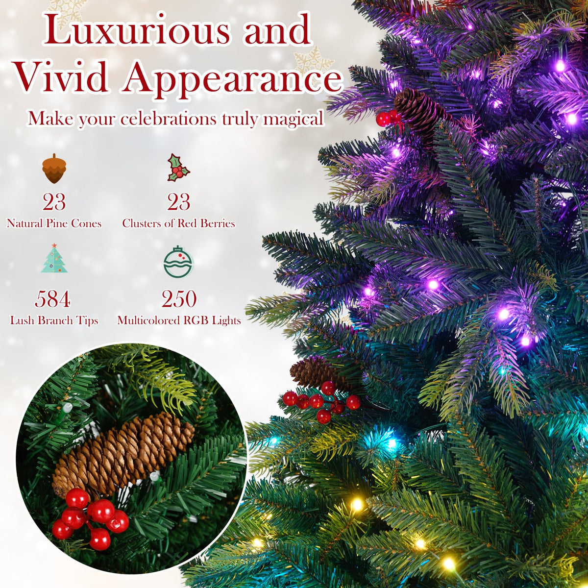 Goflame Smart Pre-Lit Artificial Christmas Tree with Remote Control APP-Controlled Multicolored RGB Lights
