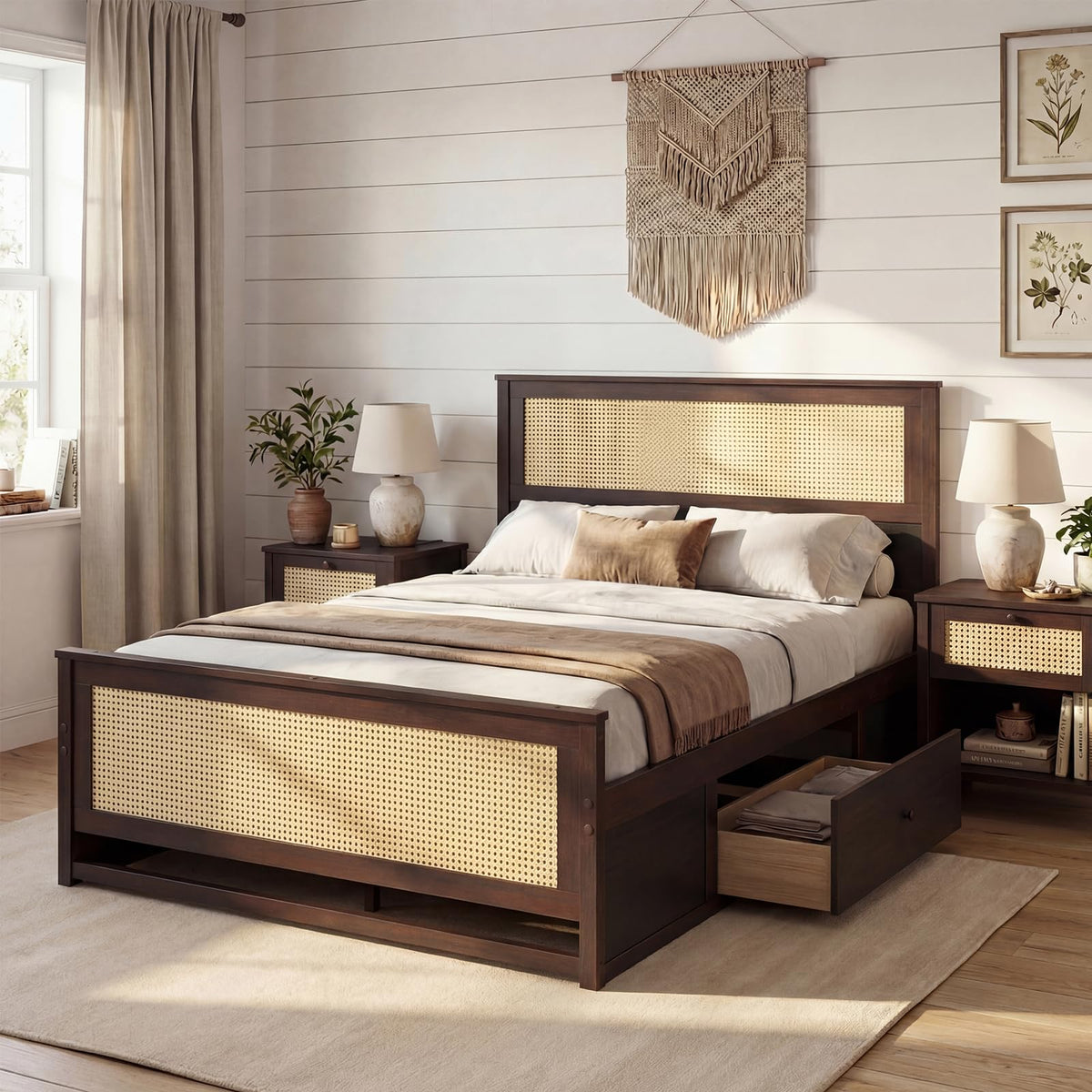 Goflame Full/Twin Size Rattan Bed Frame with 2 Storage Drawers