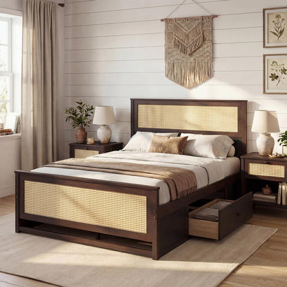 Goflame Full/Twin Size Rattan Bed Frame with 2 Storage Drawers