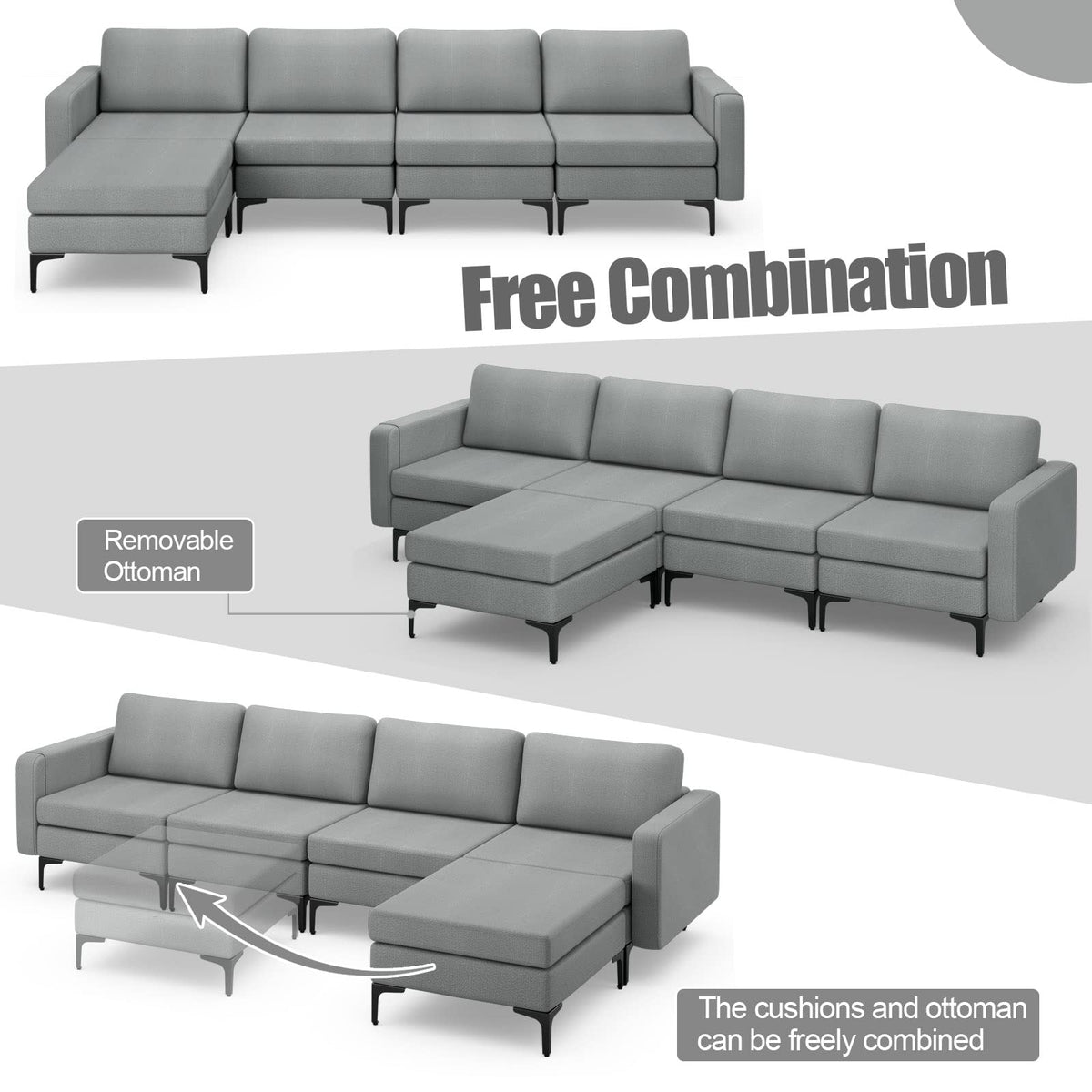Goflame 4 Seat Convertible Sofa Couch, 123" L Sectional Sleeper with 2 or 1 USB Ports Socket