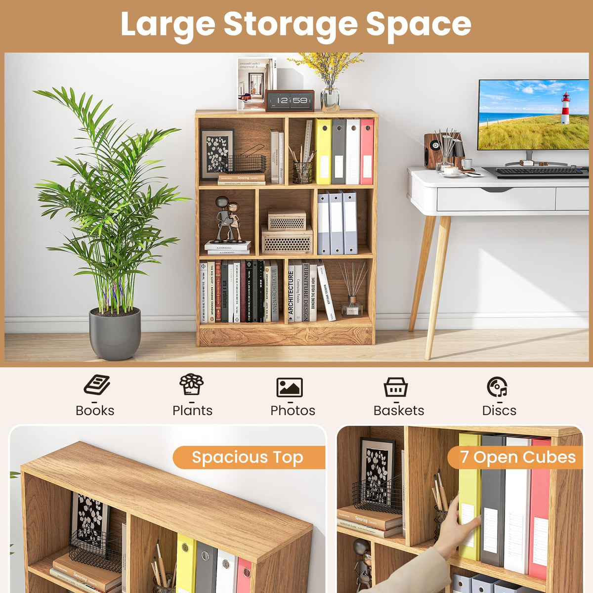 Goflame 7 Cube Bookcase 4-Tier Freestanding Bookshelf w/ 7 Open Compartments