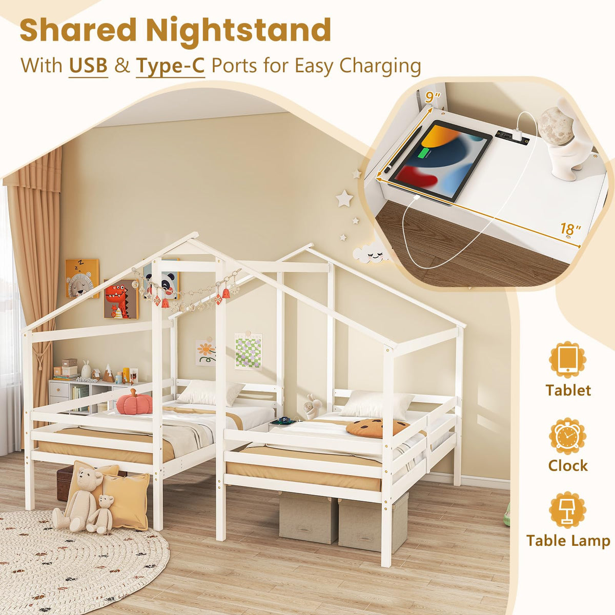 Goflame Double Twin Bed Frames for Kids, Wood House Shaped Platform with Built-in Nightstand & USB Port