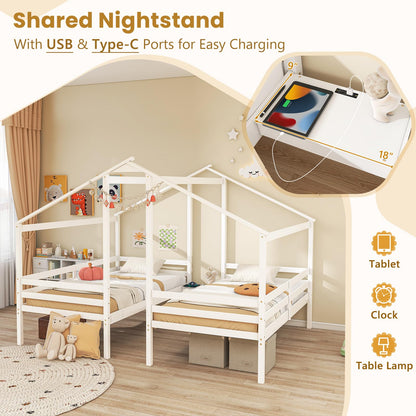 Goflame Double Twin Bed Frames for Kids, Wood House Shaped Platform with Built-in Nightstand & USB Port