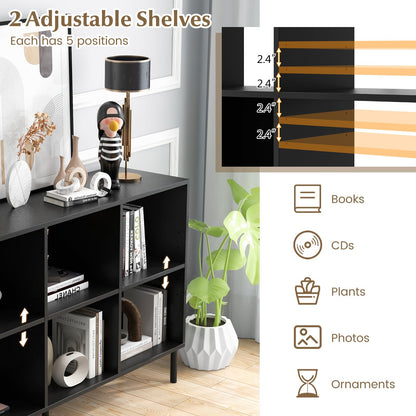 Goflame 6 Cube Bookcase, 3-Tier 47" Long Wood Bookshelf w/ 5 Metal Legs, Adjustable Shelf, Anti-toppling Device
