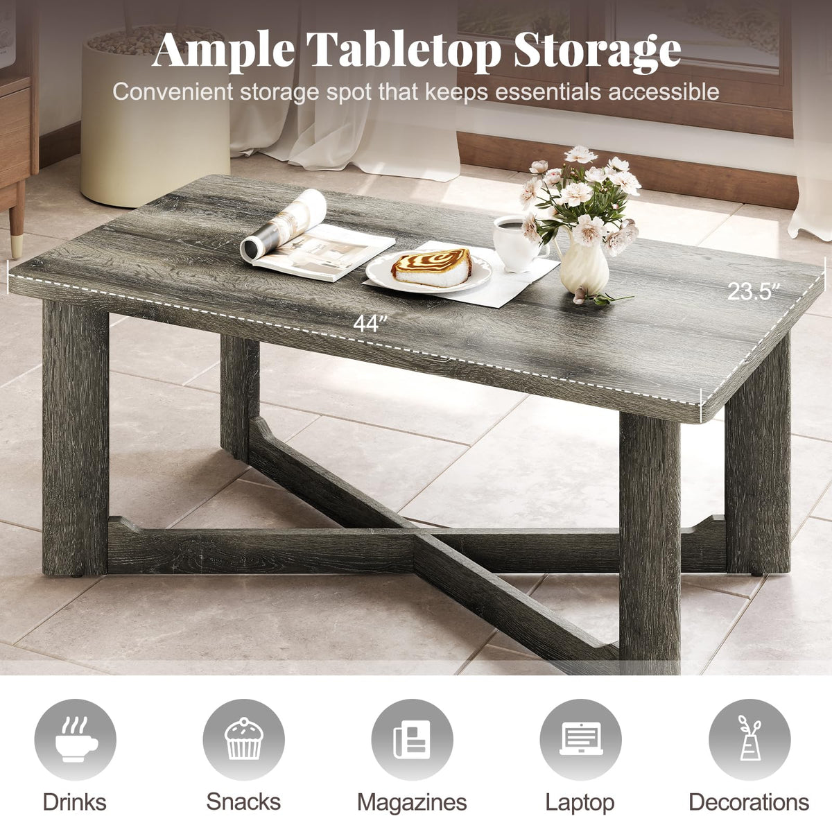 Goflame Farmhouse Wood Coffee Table Rectangle Center Table with X-Shaped Base & Rubber Wood Frame