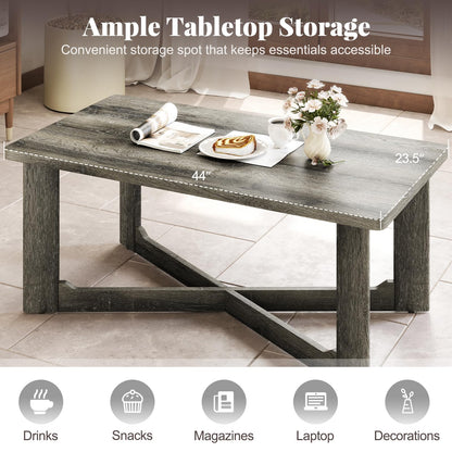 Goflame Farmhouse Wood Coffee Table Rectangle Center Table with X-Shaped Base & Rubber Wood Frame
