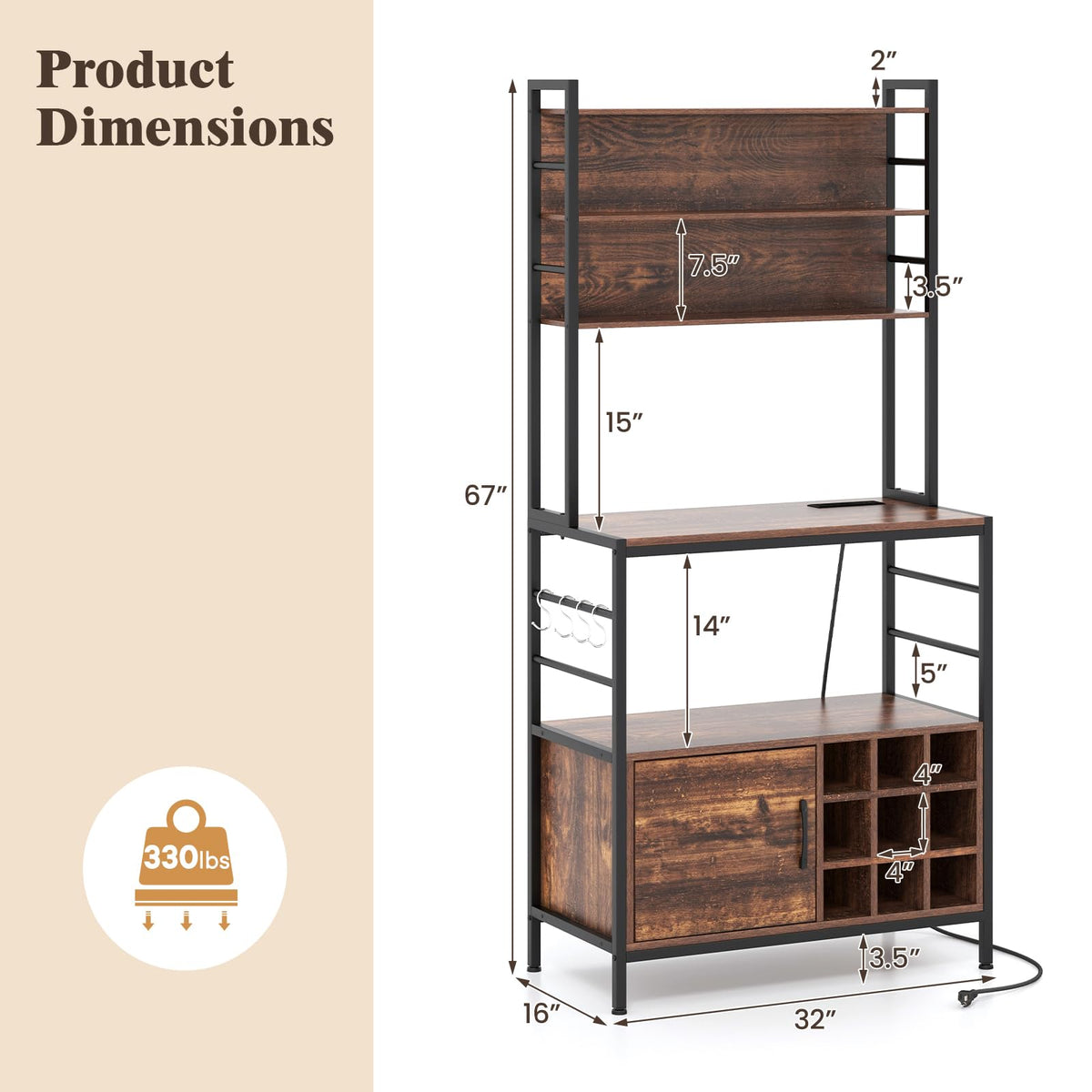 Goflame Bakers Rack with Power Outlet, 67” Microwave Stand with Storage Cabinet, Spice Rack