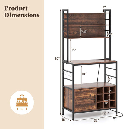 Goflame Bakers Rack with Power Outlet, 67” Microwave Stand with Storage Cabinet, Spice Rack