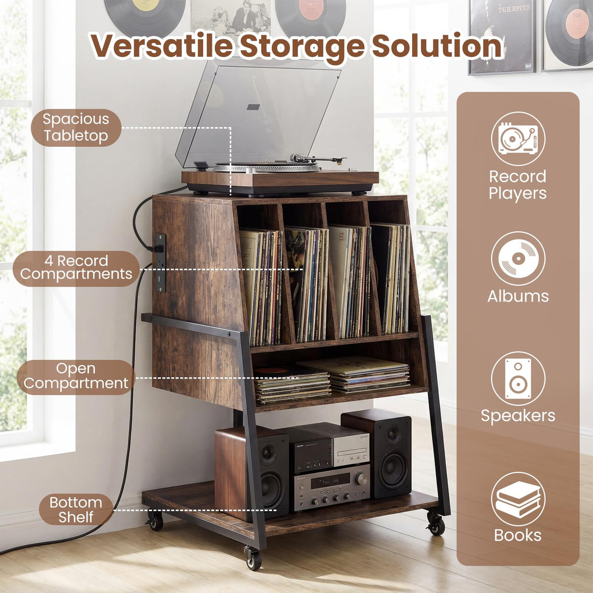 Goflame Record Player Stand on Wheels | 3-Tier Turntable Stand with Charging Station