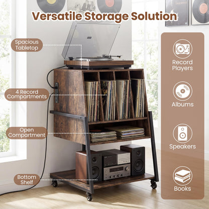 Goflame Record Player Stand on Wheels | 3-Tier Turntable Stand with Charging Station