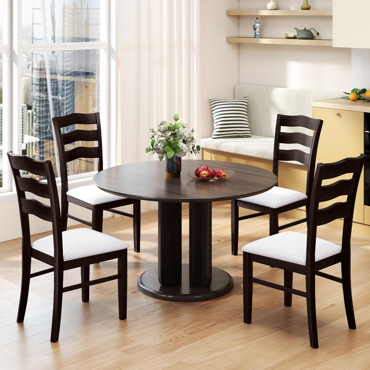 Goflame Wooden Dining Chairs Set of 2/4 with Rubber Wood Legs Fabric Padded Seat Wavy Ladder Back