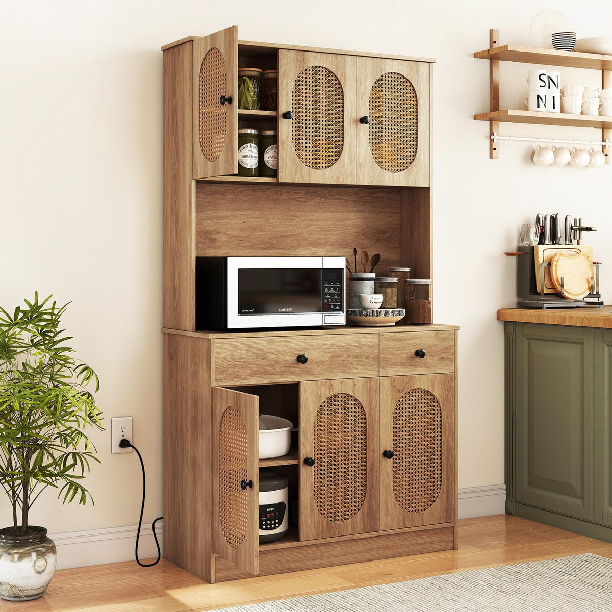 Goflame Kitchen Hutch, 71" Tall Boho Pantry Cabinet