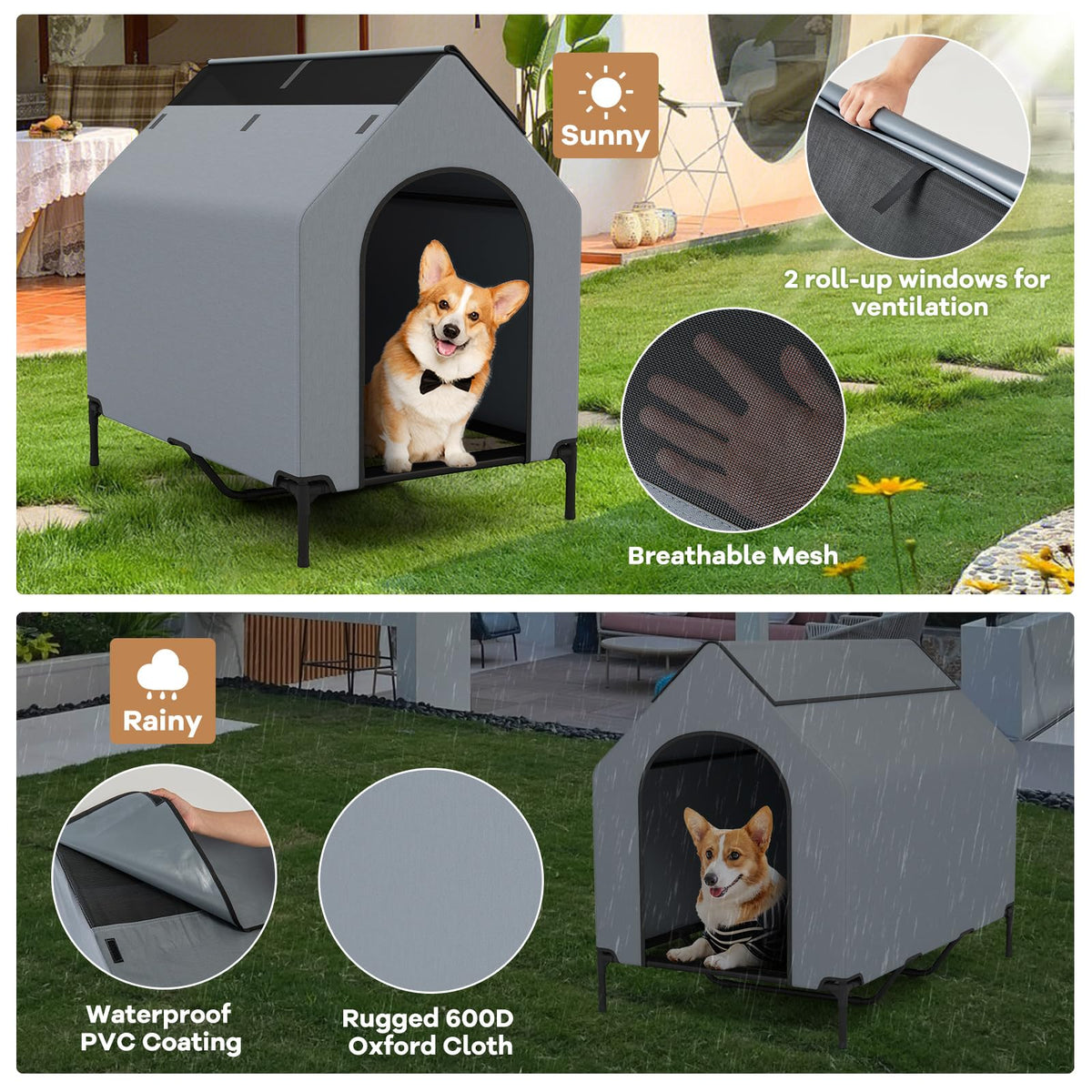 Goflame Dog House Outdoor Extra Large, Elevated Dog Bed with Weatherproof Canopy