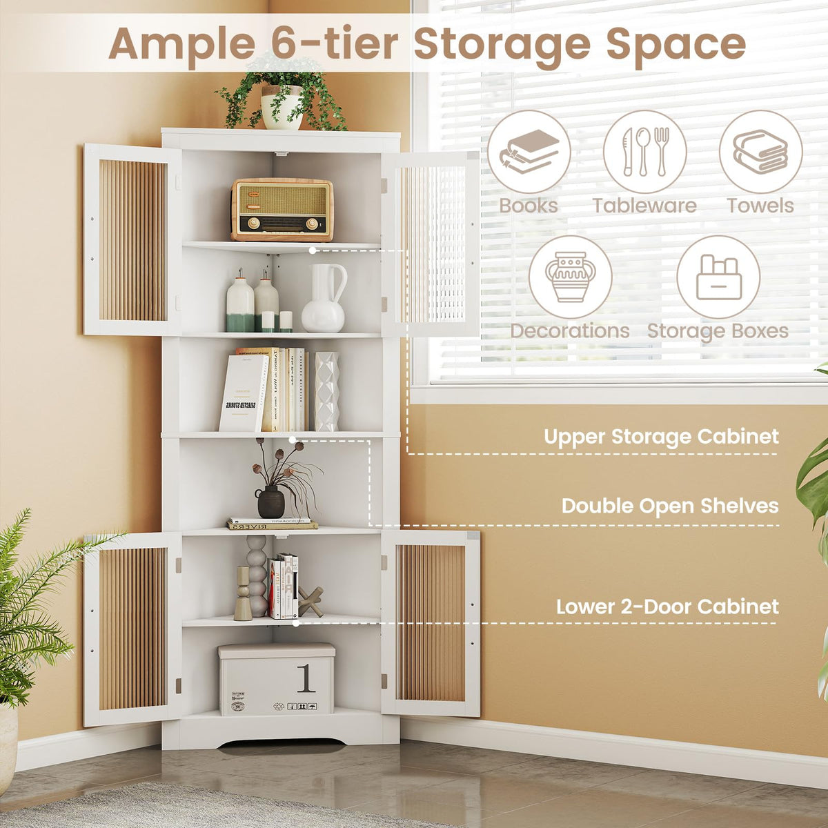 Goflame 67" Tall Corner Cabinet Space-Saving Triangular Storage Cabinet w/ 4 Tempered Glass Doors