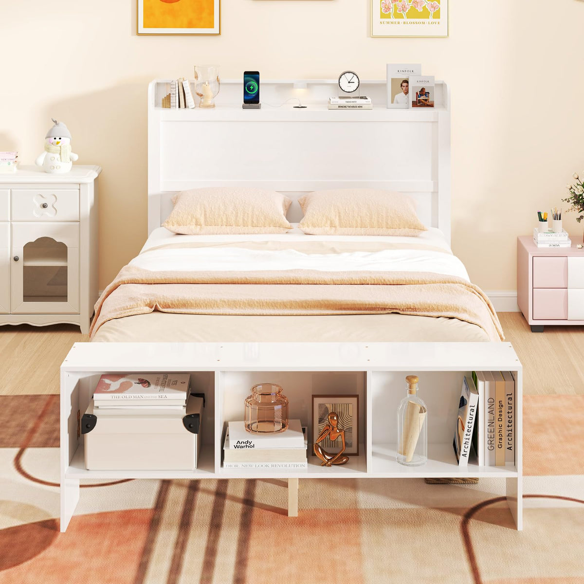 Goflame Full/Twin Size Bed Frame with Storage Headboard & Footboard