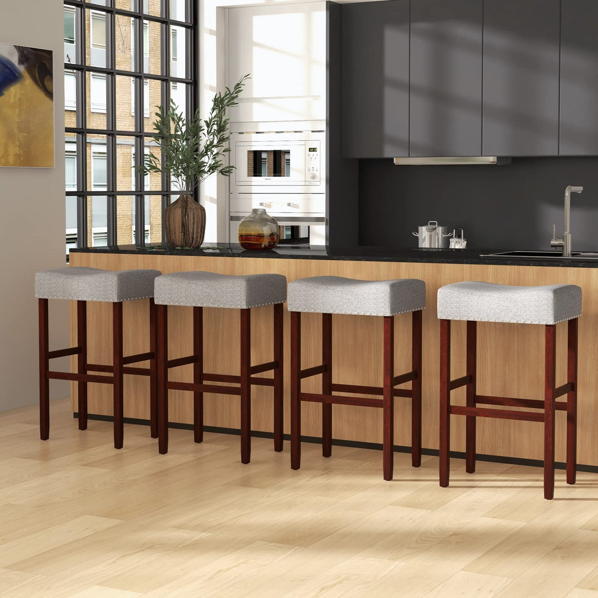 Goflame 29.5" Bar Height Bar Stools Set of 4 - Backless Saddle Barstools with Nailhead Linen Foam Seat
