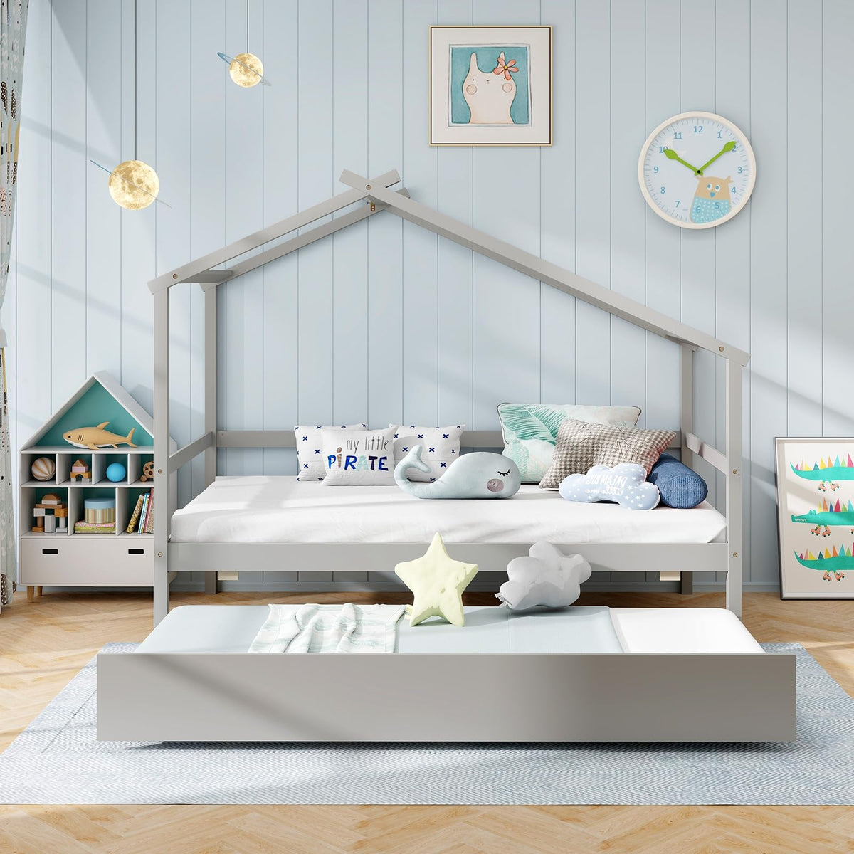 Goflame Wood House Bed for Kids, Twin Bed Frame with Trundle Bed Twin