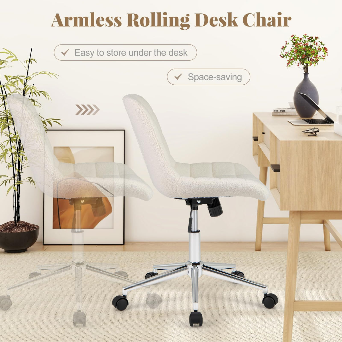 Goflame Armless Office Chair, Modern Faux Fur White Vanity Chair with Wheels & Adjustable Height