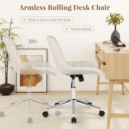 Goflame Armless Office Chair, Modern Faux Fur White Vanity Chair with Wheels & Adjustable Height