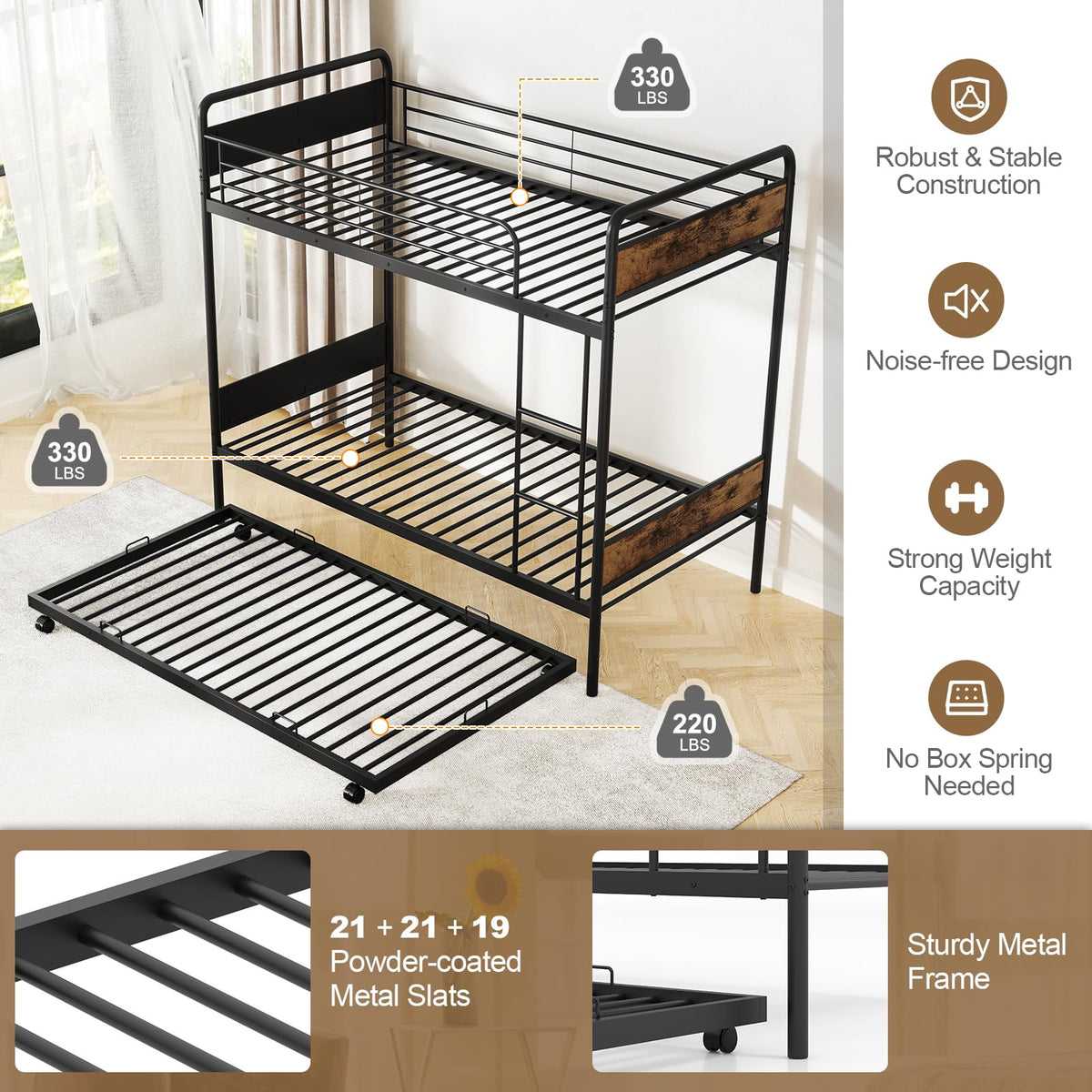 Goflame Metal Twin Over Twin Bunk Bed with Trundle