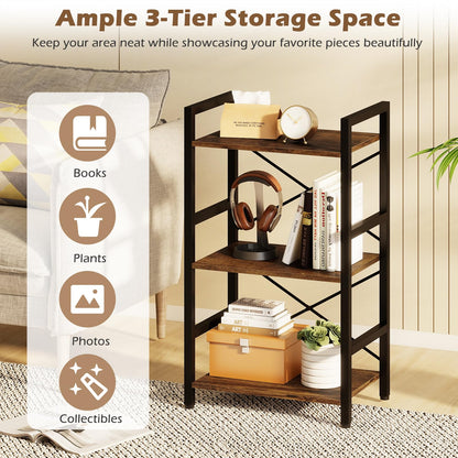 Goflame 3-Tier Bookshelf Narrow Freestanding Display Shelf with Metal Frame & Wooden Storage Racks