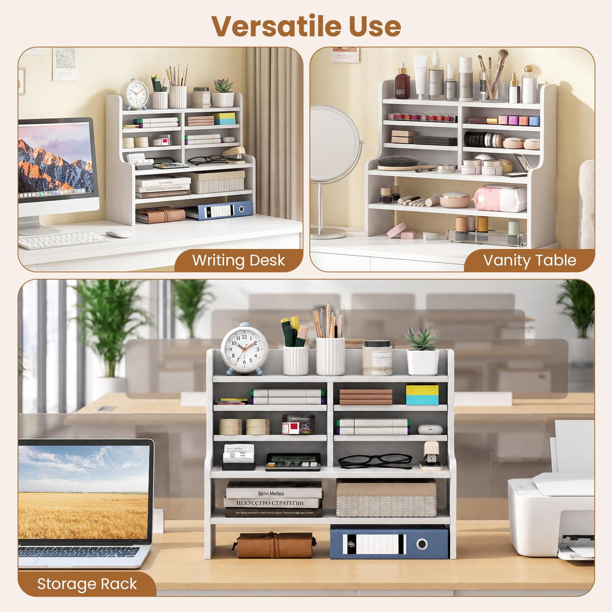 Goflame Desk Organizer | Wooden 6 Tier Storage Rack with 2 Removable Shelves